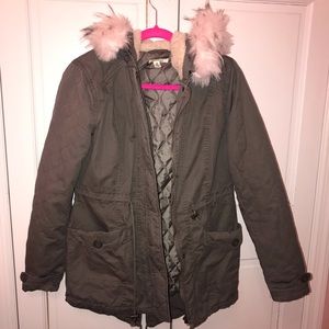 Gray Coat with Blush Pink Fur Hood